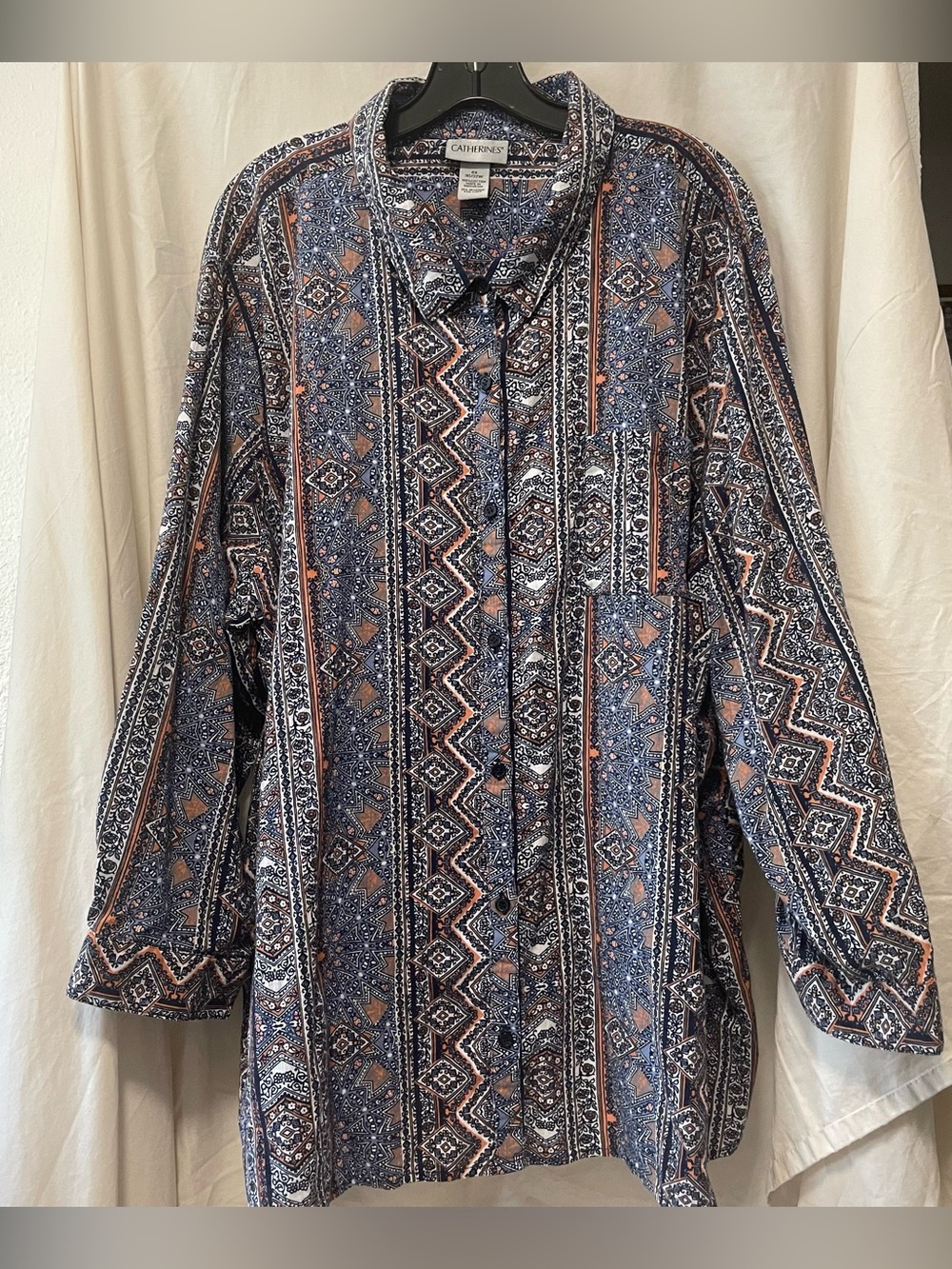 Catherines 100% Cotton Navy & Peach Aztec-Pattern Button Front Shirt